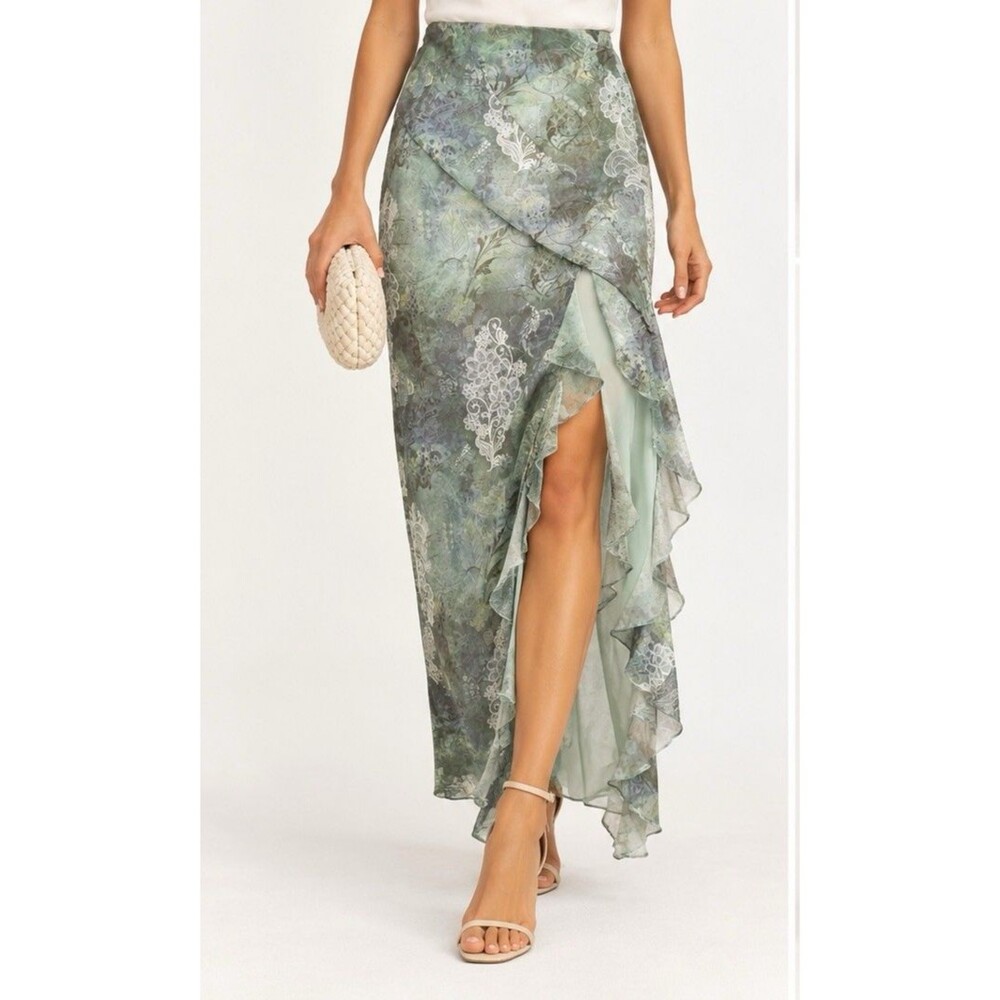 Tiger Mist Green Floral Print Ruffle Slit Maxi Skirt Women’s Size S Boho Y2K